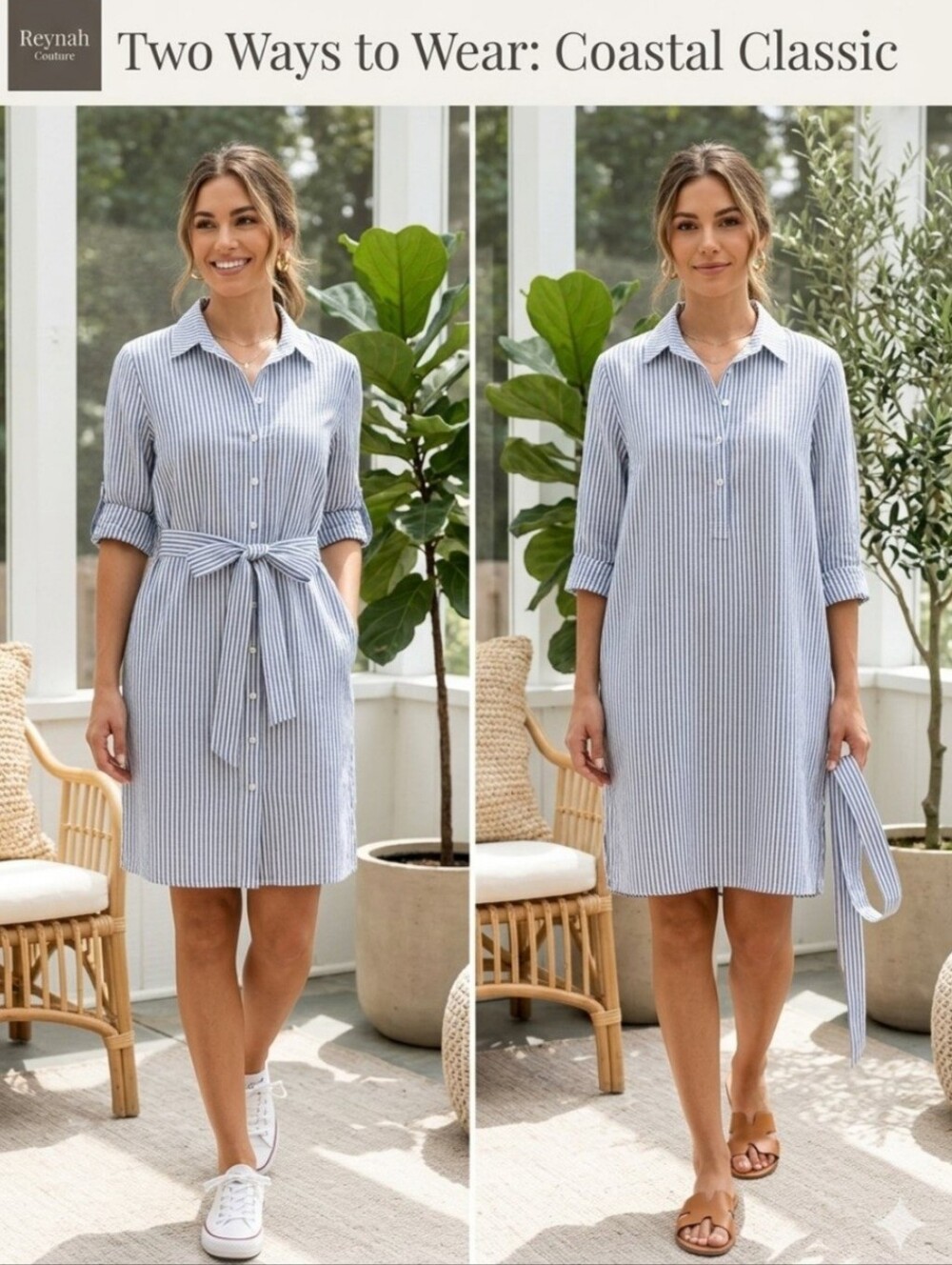Coastal Classic Striped  Button-Front Shirt Dress in Blue and White Cotton Linen